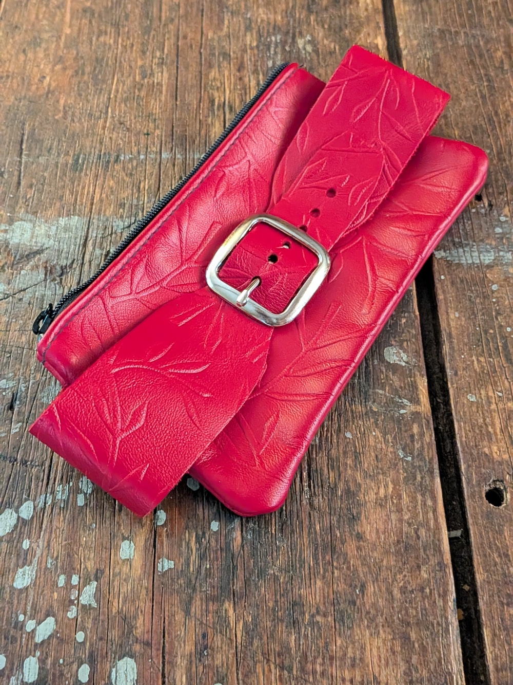 Handmade Red Embossed Leather Thigh Purse / Festival Leg Holster
